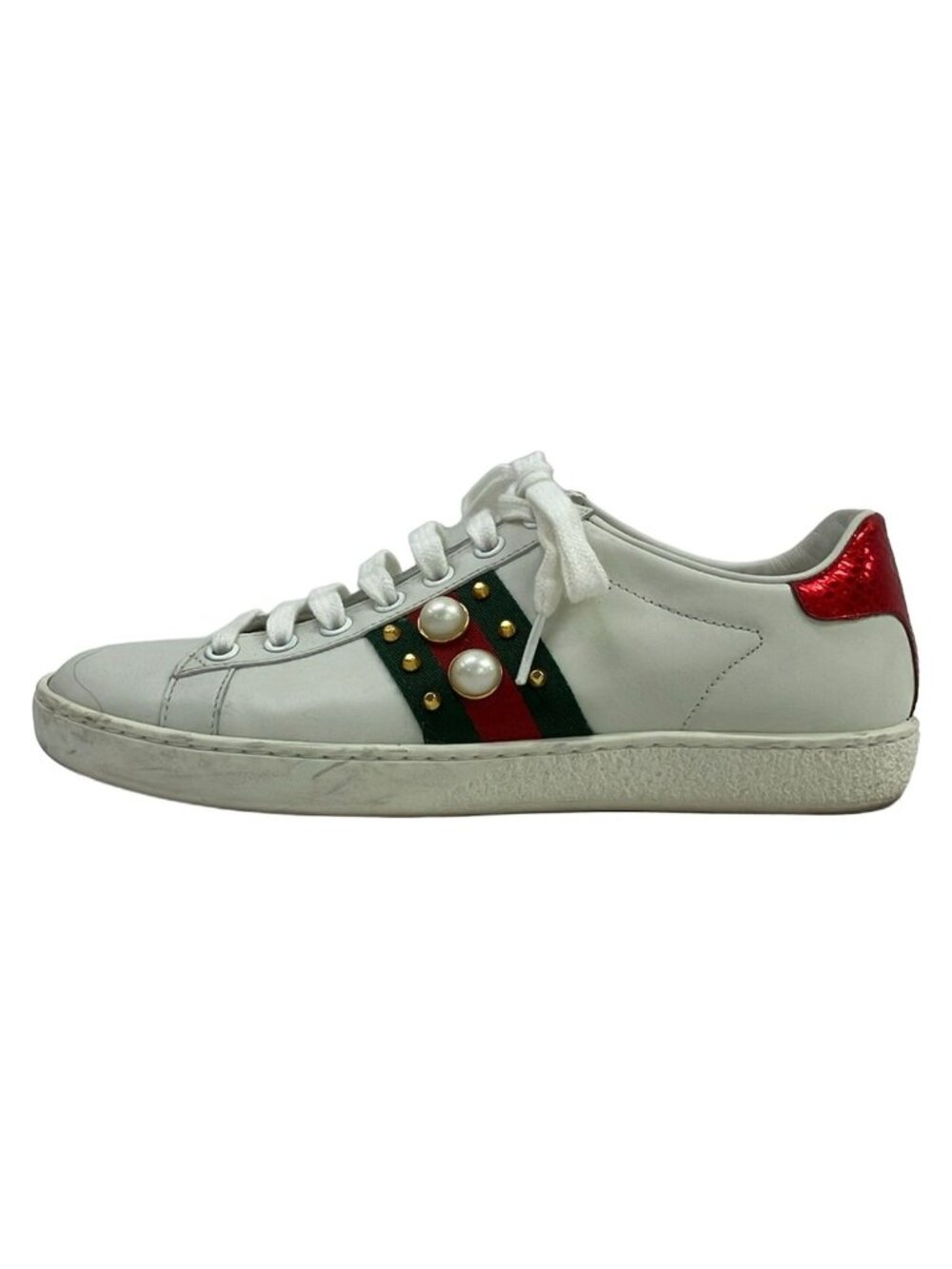 Gucci Sneakers 36 White Dark Green Red Pearl Studs Leather